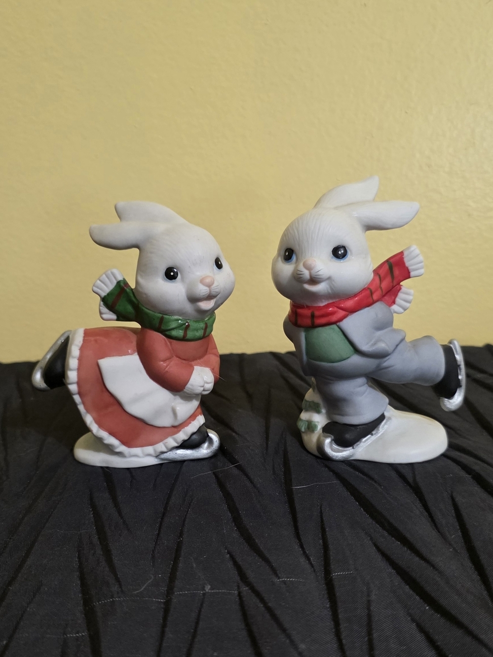 Homco White Bunny Ice Skaters with Red and Green Scarves
